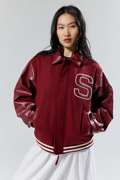 House Of Sunny Free Falling Faux Leather Varsity Jacket In Red, Women's At Urban Outfitters