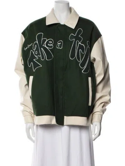 Pre-owned House Of Sunny Graphic Print Bomber Jacket In Green