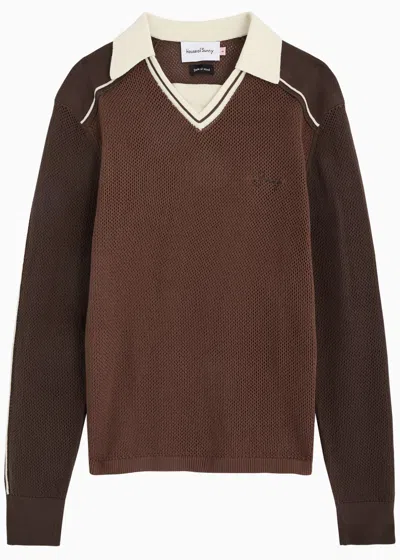 House Of Sunny Keepers Open-knit Cotton Polo Jumper In Chocolate