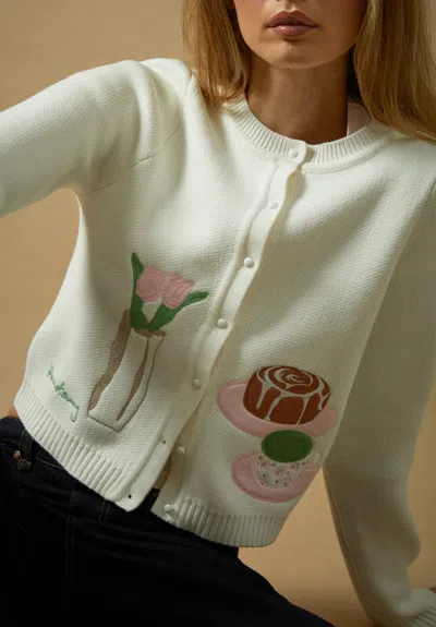 House Of Sunny Collarless Picture Knit Cardigan Ivory In White