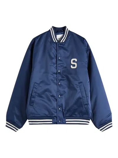 House Of Sunny Satin Club Bomber Jacket In Blue