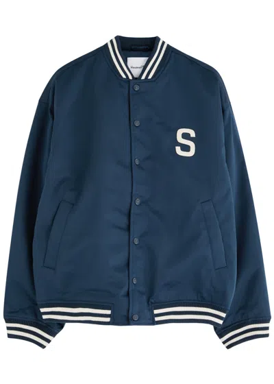 House Of Sunny Satin Club Logo-appliquéd Satin Bomber Jacket In Navy
