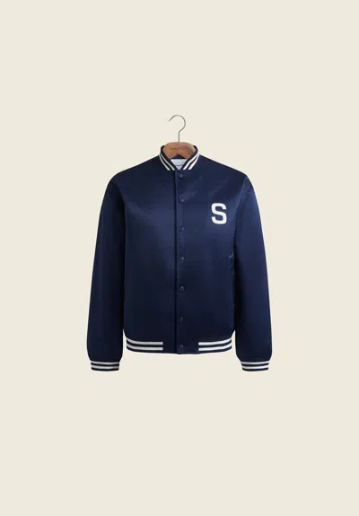 House Of Sunny Satin Club Varsity Bomber In Blue