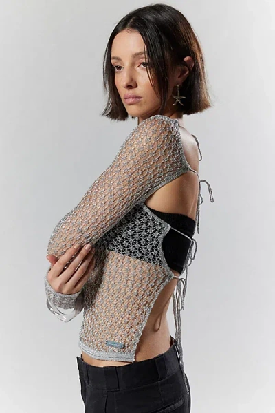 House Of Sunny Silver Plated Sheer Tie-back Top In Silver, Women's At Urban Outfitters In Black