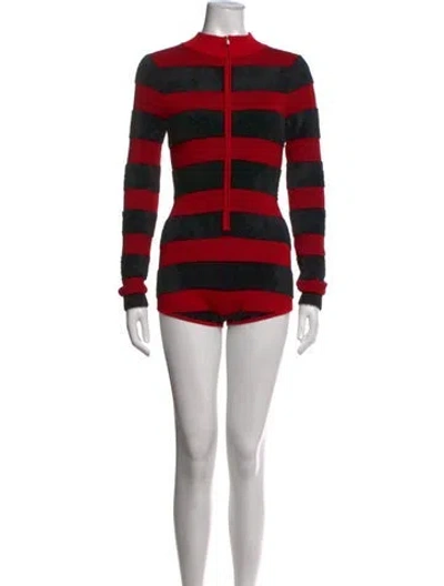 Pre-owned House Of Sunny Striped Crew Neck Bodysuit In Red
