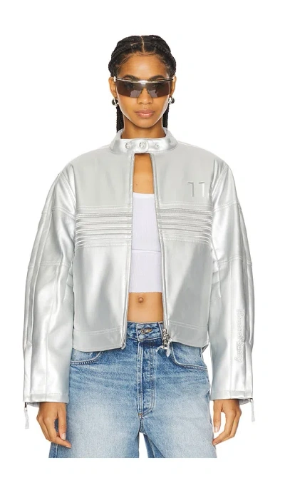 House Of Sunny Faux Leather Racing Jacket In Silver