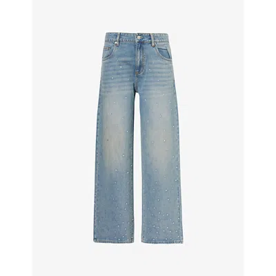 House Of Sunny Womens Sky Blue Crystal-embellished Wide-leg Mid-rise Denim-blend Jeans