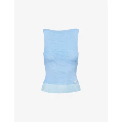 House Of Sunny Womens Beau Blue Multi-layer Boat-neck Stretch-mesh Top
