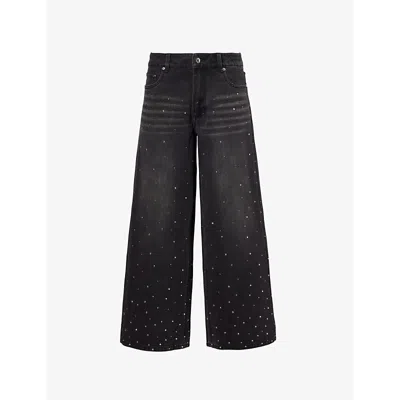 House Of Sunny Womens Jet Black Rhinestones Wide-leg Mid-rise Denim-blend Jeans