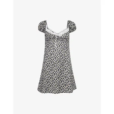 House Of Sunny Womens Multi Ditsy Daisy Puff-sleeve Cotton And Linen-blend Mini Dress In Black