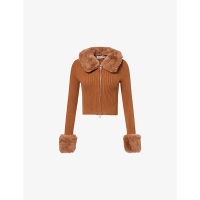 House Of Sunny Womens Toffee Peggy Faux-fur-embellishment Knitted Cardigan