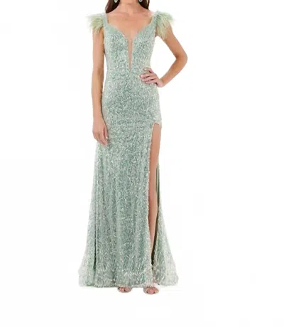 House Of Wu All Over Sequin Feather Trim Gown In Sage In Multi