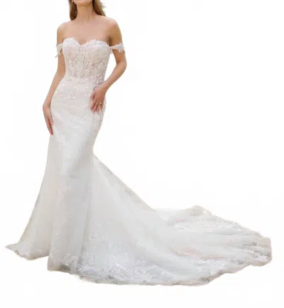 House Of Wu Fully Beaded Embroidered Lace Gown In Ivory In Multi