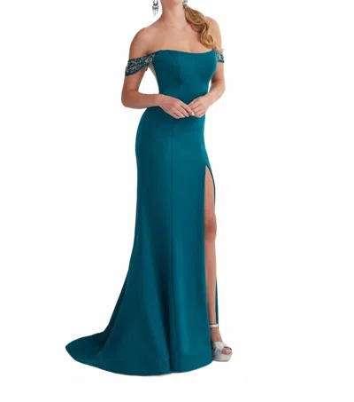 House Of Wu Off Shoulder Corset Back Gown In Teal In Blue