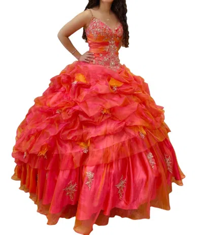 House Of Wu Quinceañera V-neck Dress In Cherry/gold In Pink