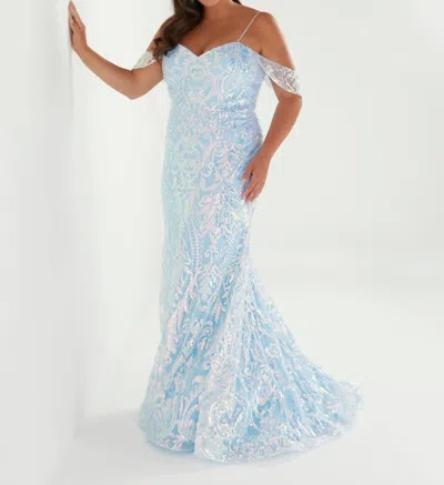 House Of Wu Sequin Trumpet Flare Gown In Sky In Blue