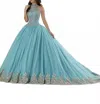 House Of Wu Straight Tulle Ball Gown In Turquoise/gold In Blue