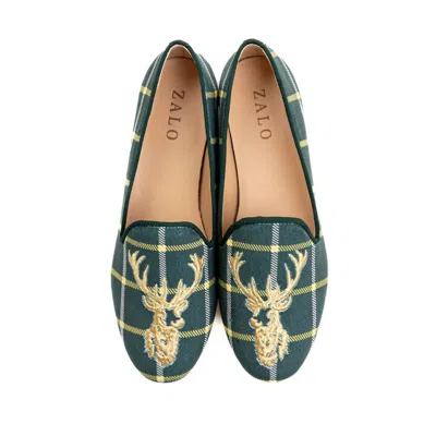 House Of Zalo Women's Stag Slipper Printed Velvet Slippers In Plaid In Green