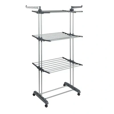 Household Essentials 4 Tier Stainless Steel Laundry Drying Rack With Two Side Wings, Grey
