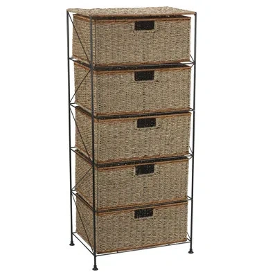 Household Essentials 5 Drawer Seagrass Wicker Storage Unit, Rattan Storage Tower With Protective Coating, Strong Metal Fr In Brown