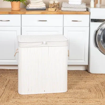 Household Essentials Bamboo Double Laundry Hamper With Rope Handles, Lid And Removable Machine Washable Laundry Bag, 39-g In White