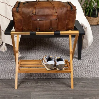 Household Essentials Darcy Folding Bamboo Luggage Rack With Lower Storage Shelf In Brown