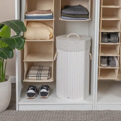 Household Essentials Grove Bamboo Laundry Hamper With Rope Handles, Lid And Removable Machine Washable Laundry Bag, 15-ga In White