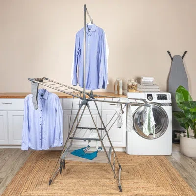 Household Essentials Multi Tier Stainless Steel Laundry Drying Rack With T Bar And Two Side Wings, Silver
