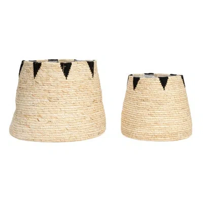 Household Essentials Round Handwoven Corn Leaf Basket Set Of 2 With Plastic Liner, Natural With Black Accents In Brown;natural