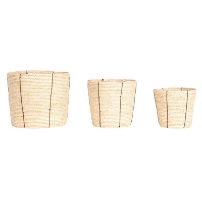 Household Essentials Round Handwoven Corn Rope Baskets With Thin Stripes And Plastic Liner, Natural, Set Of 3