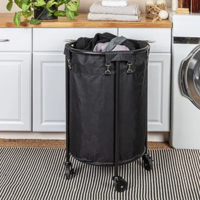 Household Essentials Round Laundry Basket With Wheels, Metal Frame, Heavy Duty And Commercial-grade, Great For Both Resid In Black