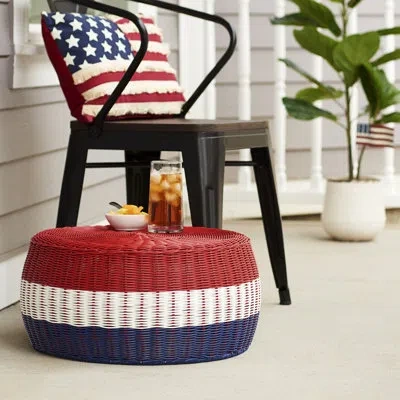 Household Essentials Round Wicker Outdoor Ottoman In Blue,white,red