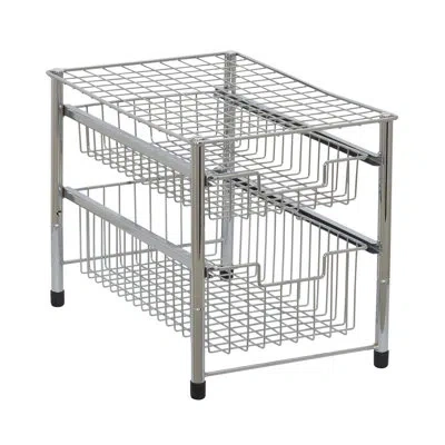 Household Essentials Two Basket Sliding Cabinet Organizer, Metal, Small, Free Standing - No Installation Necessary, Silve In Silver;powder Coated Finish