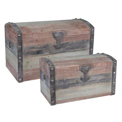 Household Essentials Wooden Storage Trunk Set, Large And Small Domed Chest, Weathered Wood With Paint Finish, Hinged Lid 
