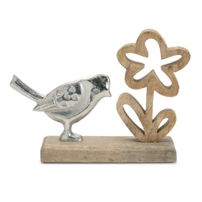 Houzbling Bird And Flower On Base (set Of 2) 9.5"l X 6.75"h Wood/metal In Multi