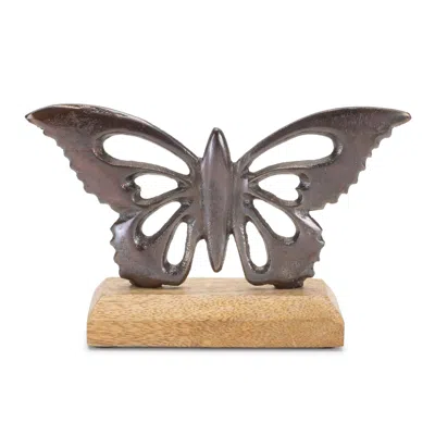 Houzbling Butterfly On Base (set Of 2) 7.75"l X 4.5"h Metal/wood In Neutral