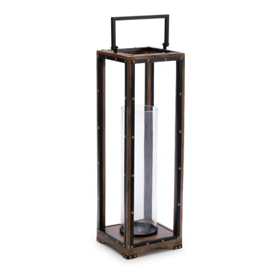 Houzbling Candle Holder 7"sq X 25"h Iron/wood (glass 3.75"d X 14"h) In Neutral