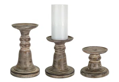 Houzbling Candle Holder (set Of 3) 5"h, 7"h, 9.25"h Stone Powder/resin In Brown