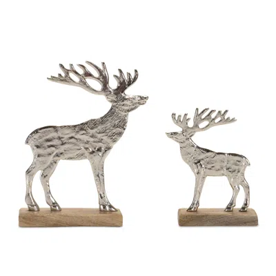 Houzbling Deer On Base (set Of 2) 7"h, 9.5"h Wood/aluminum