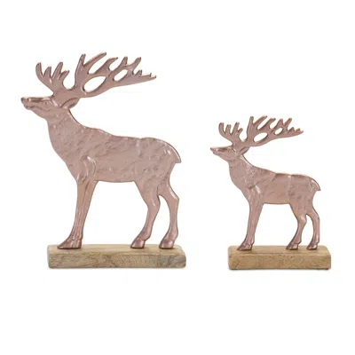 Houzbling Deer On Base (set Of 2) 7"h, 9.5"h Wood/aluminum