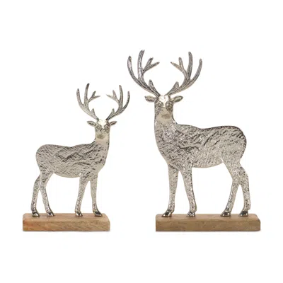 Houzbling Deer On Base (set Of 2) 8.5"h, 10.5"h Wood/aluminum