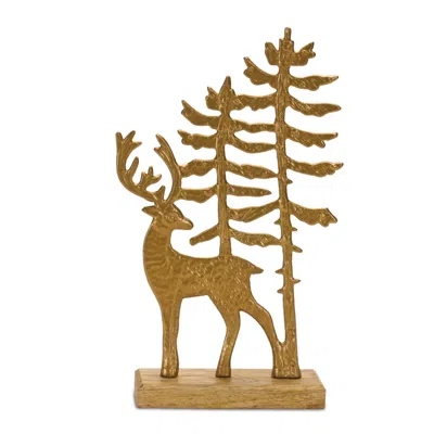 Houzbling Deer W/trees On Base 6.5"l X 11"h Wood/aluminum