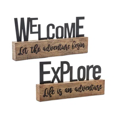 Houzbling Explore And Welcome Sign (set Of 2) 9"l X 4.5"h, 10"l X 5"h Resin In Brown