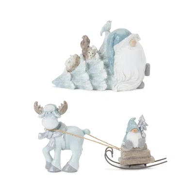 Houzbling Gnome W/tree And Reindeer (set Of 2) 4.75"h, 5"h Resin