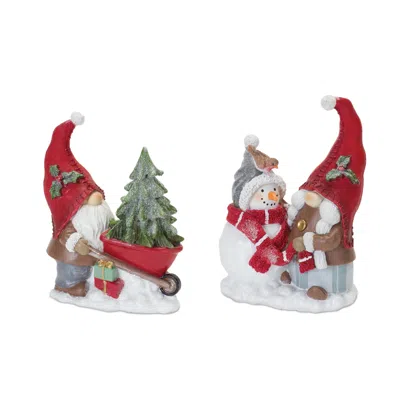 Houzbling Gnome W/wheelbarrow And Gnome W/snowman (set Of 2) 7"h, 8"h Resin