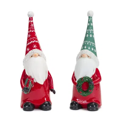 Houzbling Gnome W/wreath & Package (set Of 2) 9"h Resin In Red