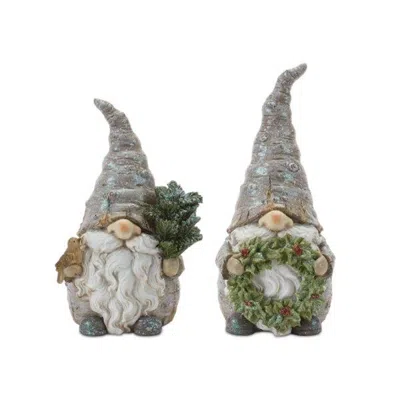 Houzbling Gnome W/wreath And Tree (set Of 2) 8.5"h, 9.75"h Resin In Gray