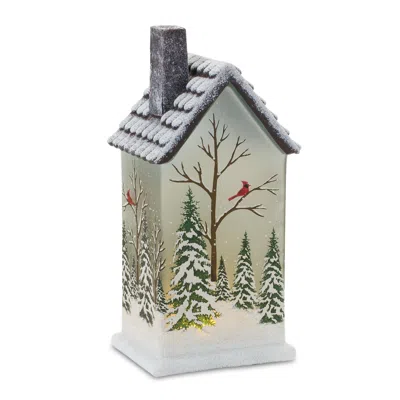 Houzbling House W/trees And Cardinal (set Of 2) 9"h Glass 2 Aaa Batteries, Not Included