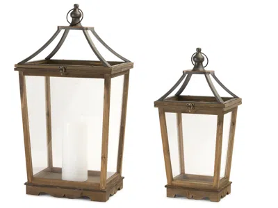 Houzbling Lantern (set Of 2) 24"h, 30.5"h Wood/glass In Brown