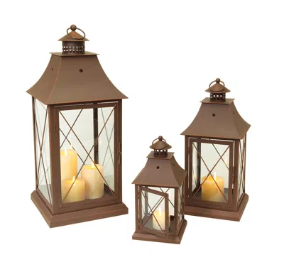Houzbling Lantern (set Of 3) 11.5", 17", 24"h Metal/glass In Brown